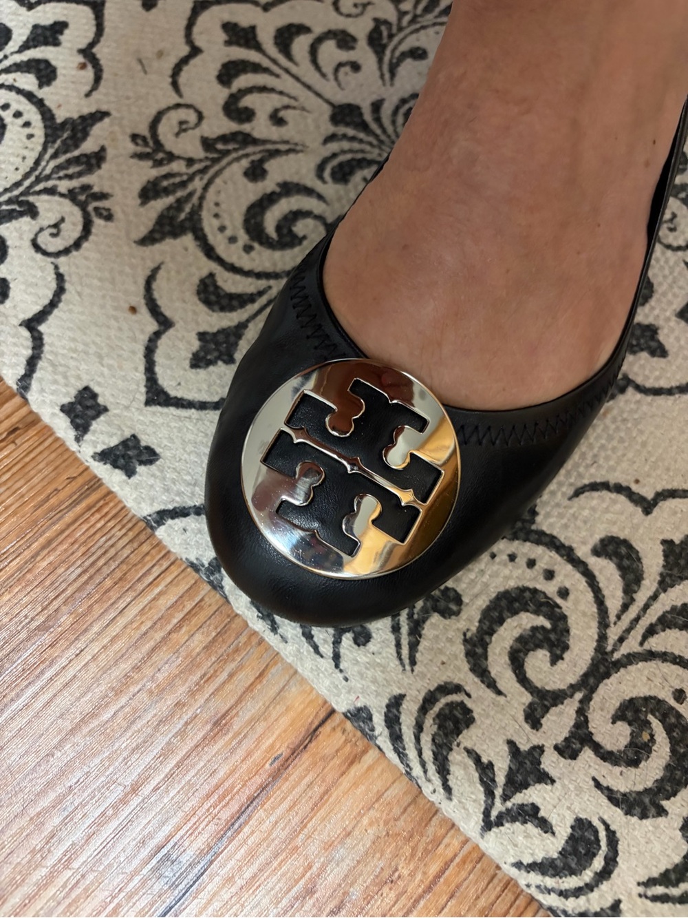 Tory Burch Minnie Travel Ballet Flats, Size 9.5, Black with Silver Hardware